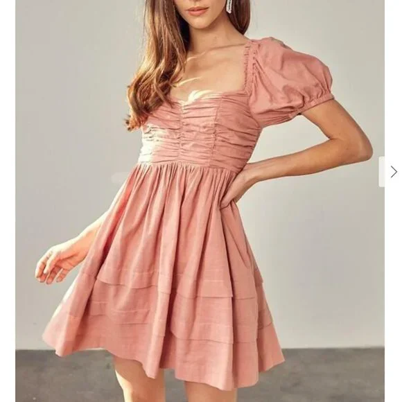 NWT Mustard Seed 'Latte' ruched pleated tiered 3/4 sleeve dress size S - Picture 3 of 8